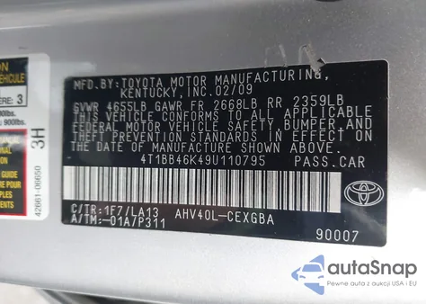 2009 Toyota Camry Hybrid z USA, uszkodzony, nr VIN 4T1BB46K49U110795